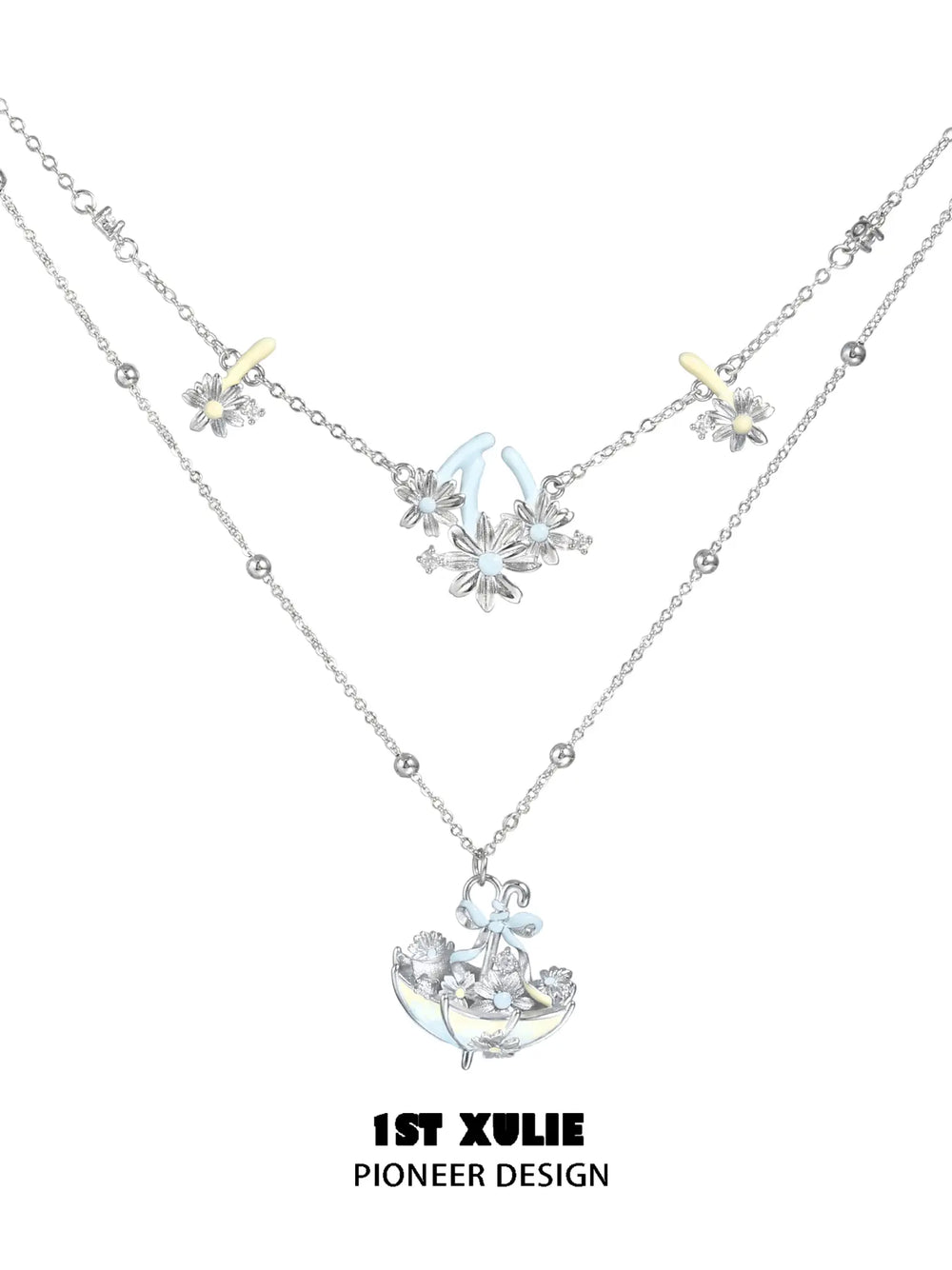1ST XULIE Jewelry "DAISY" Enamel Daisy Double Layer Pendant Necklace in Platinum Plated - Packaging View