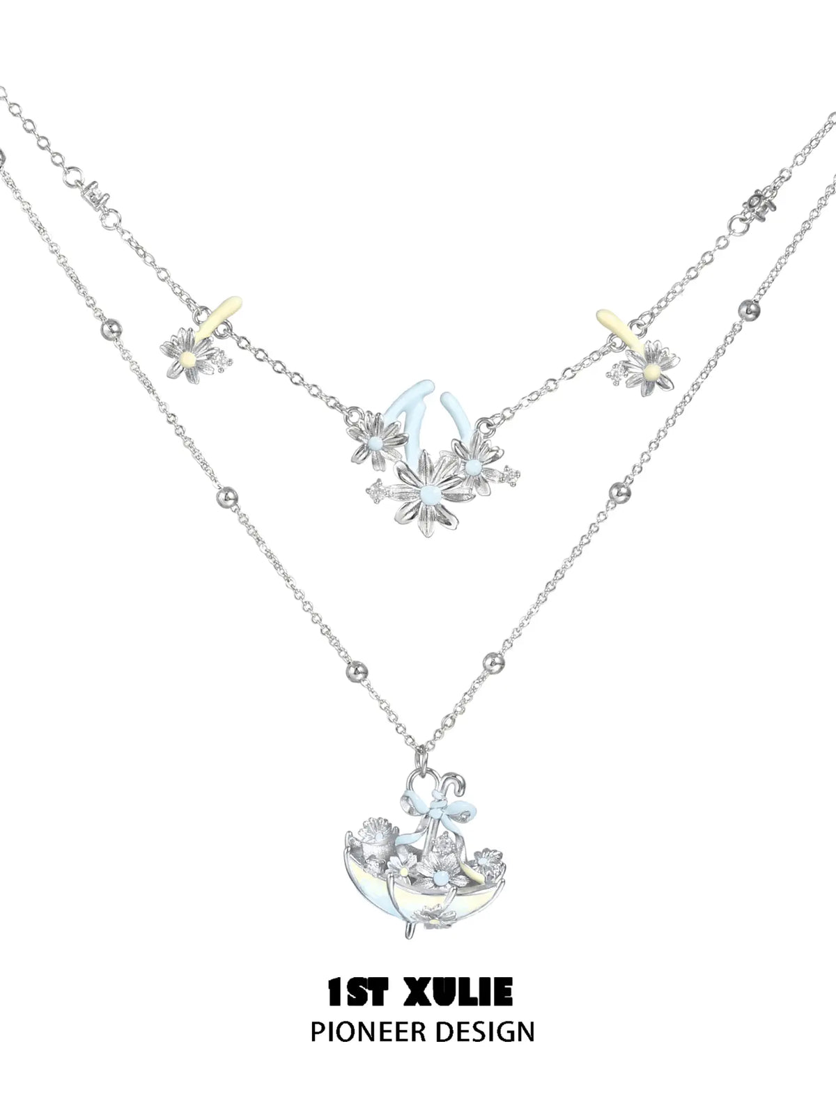 1ST XULIE Jewelry "DAISY" Enamel Daisy Double Layer Pendant Necklace in Platinum Plated - Packaging View