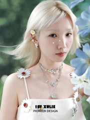 1ST XULIE Jewelry "DAISY" Enamel Daisy Double Layer Pendant Necklace in Platinum Plated - Side View