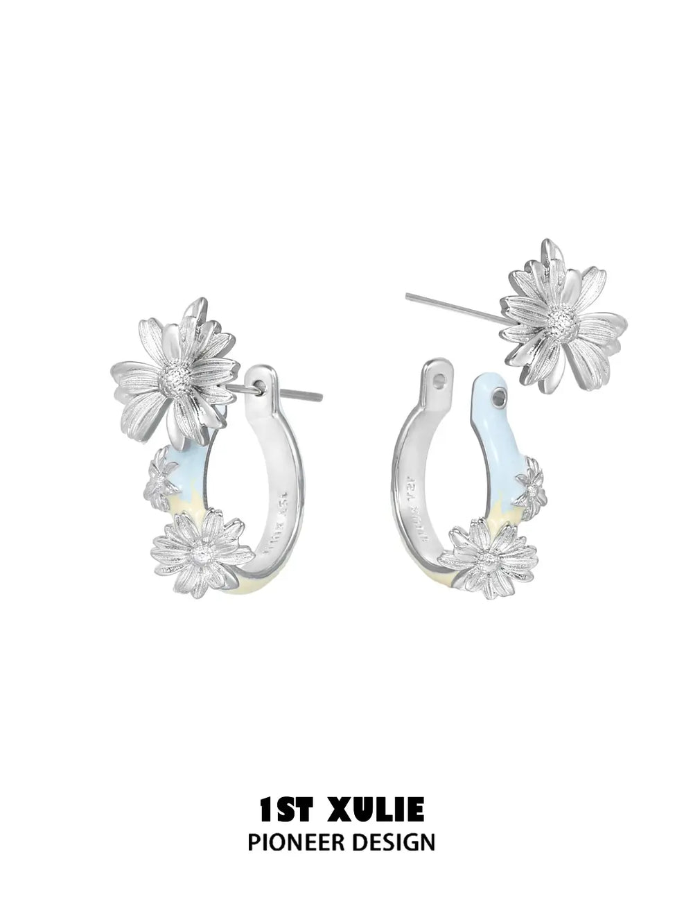 1ST XULIE Jewelry "DAISY" Hand-painted Enamel Daisy Drop Hoop Earrings - Angle 2