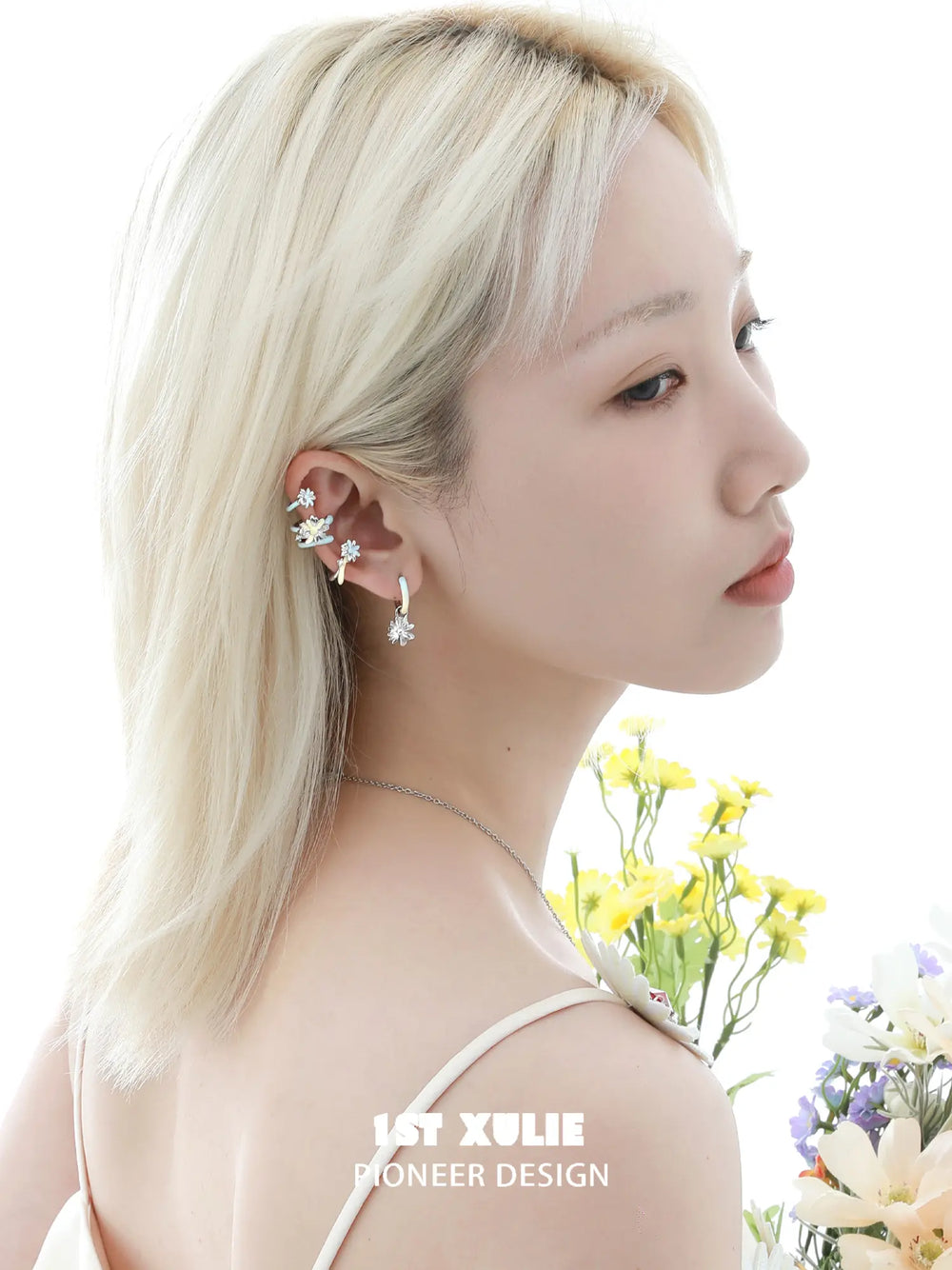 1ST XULIE Jewelry "DAISY" Hand-painted Enamel Daisy Drop Hoop Earrings - Detail Shot