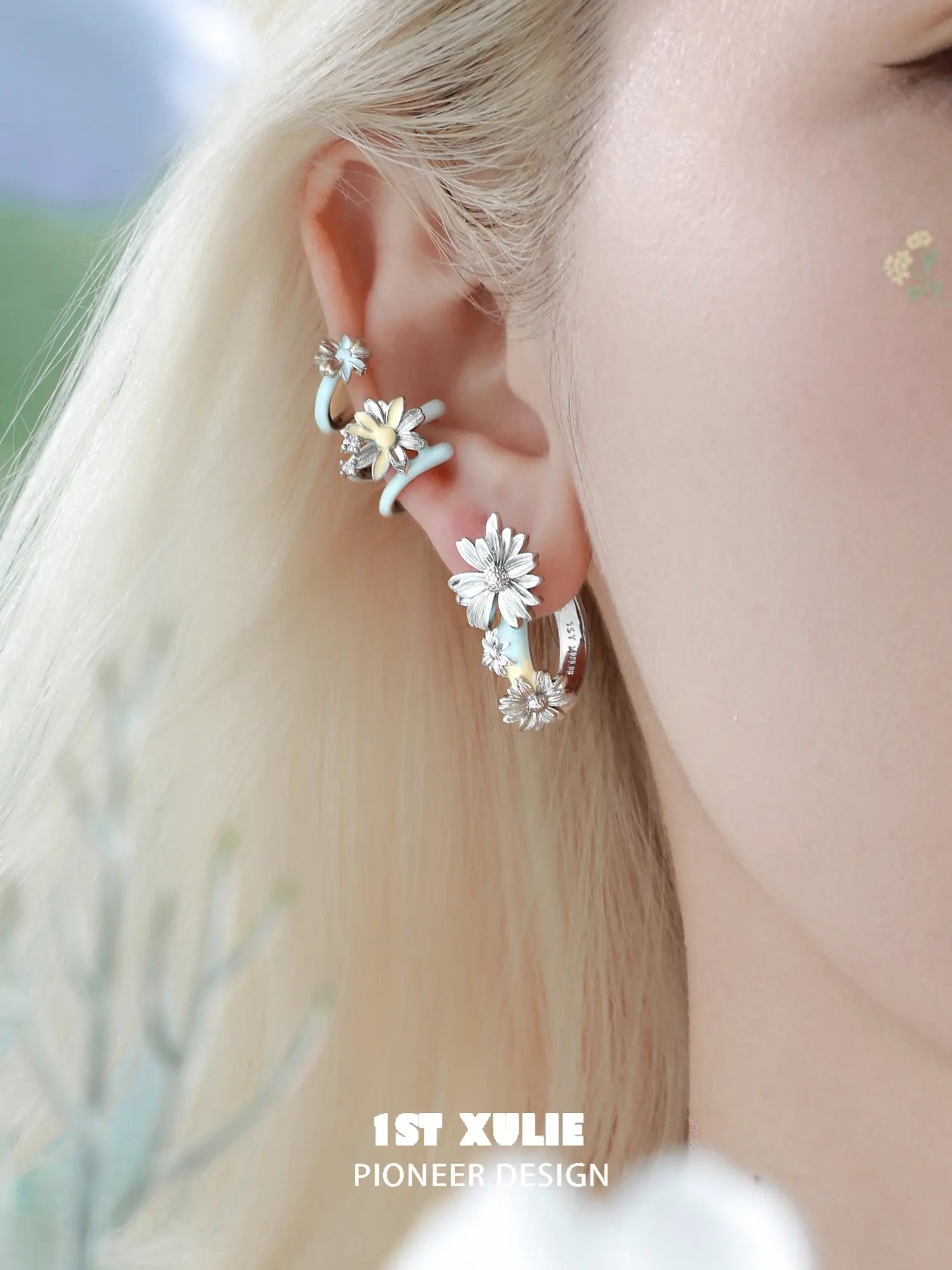 1ST XULIE Jewelry "DAISY" Hand-painted Enamel Daisy Drop Hoop Earrings - Lifestyle Shot