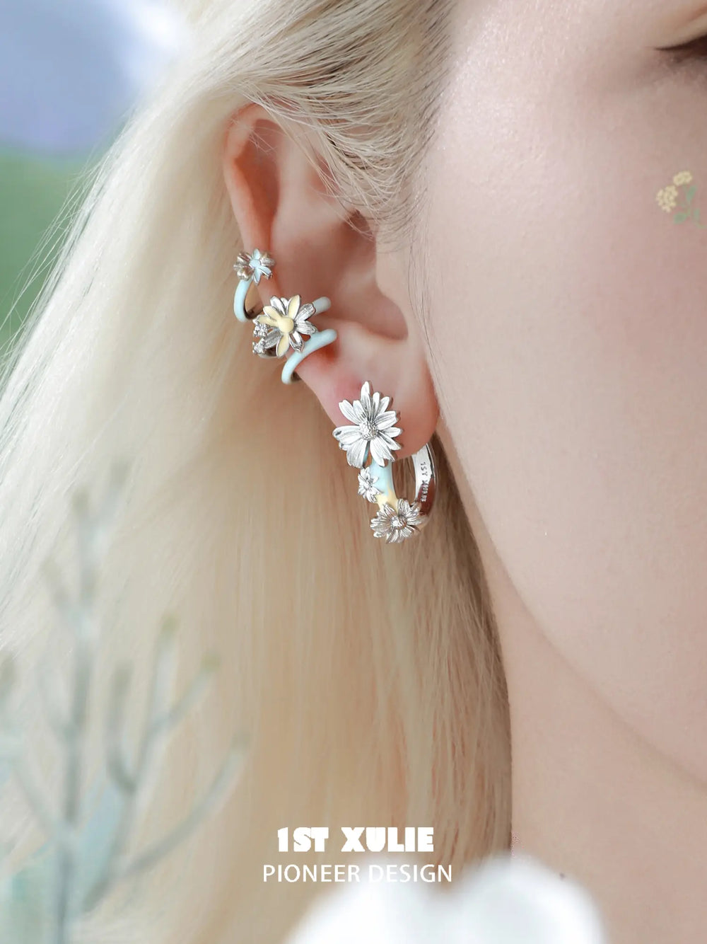1ST XULIE Jewelry "DAISY" Hand-painted Enamel Daisy Drop Hoop Earrings - Lifestyle Shot