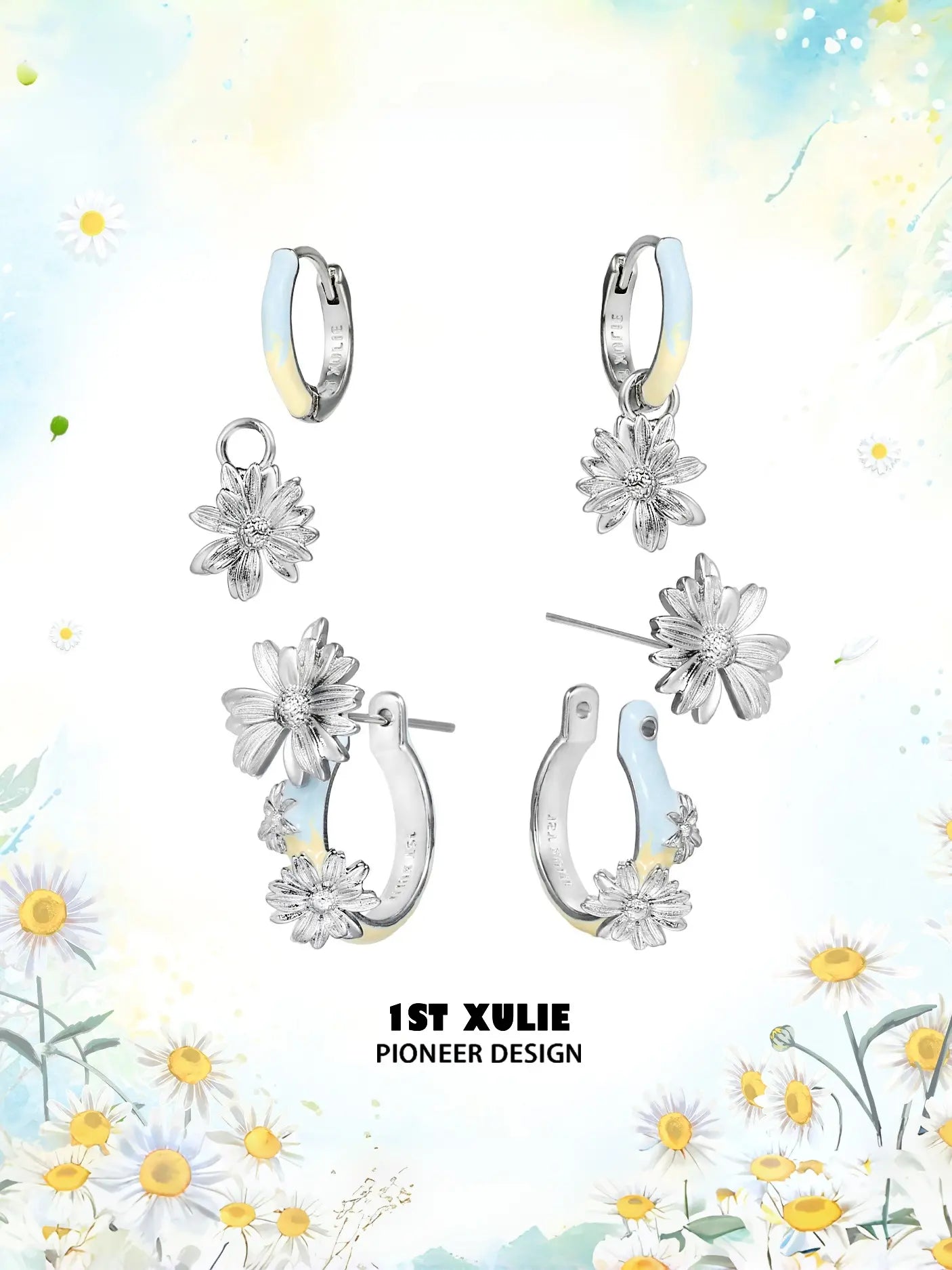 1ST XULIE Jewelry "DAISY" Hand-painted Enamel Daisy Drop Hoop Earrings - Side View