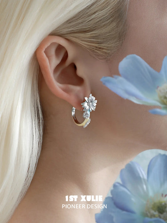 1ST XULIE Jewelry "DAISY" Hand-painted Enamel Daisy Drop Hoop Earrings - Texture