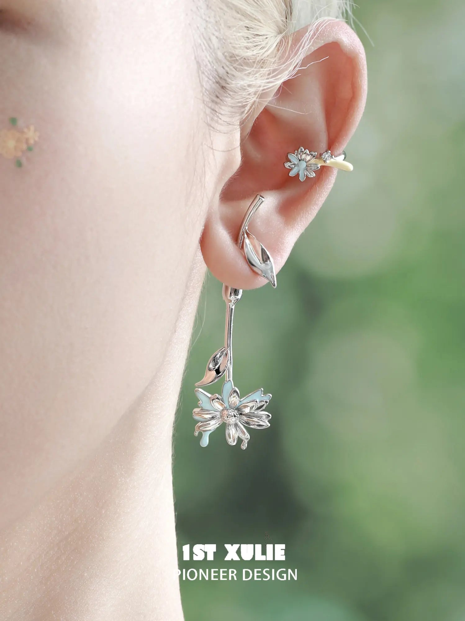 1ST XULIE Jewelry "DAISY" Enamel Floral Drop Earrings - On Model Close Up