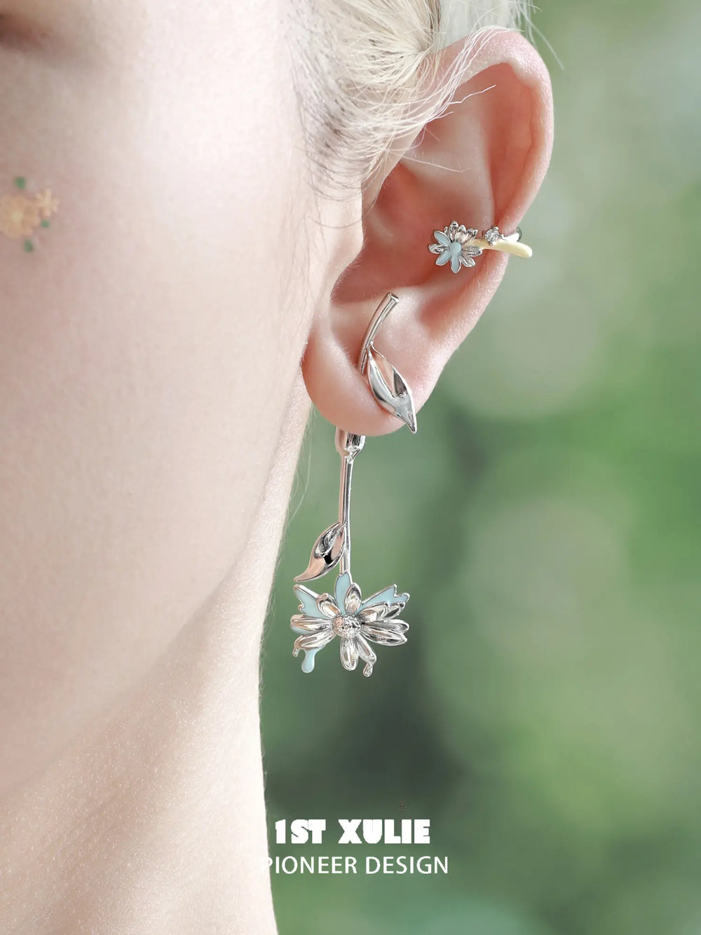 1ST XULIE Jewelry "DAISY" Enamel Floral Drop Earrings - On Model Close Up