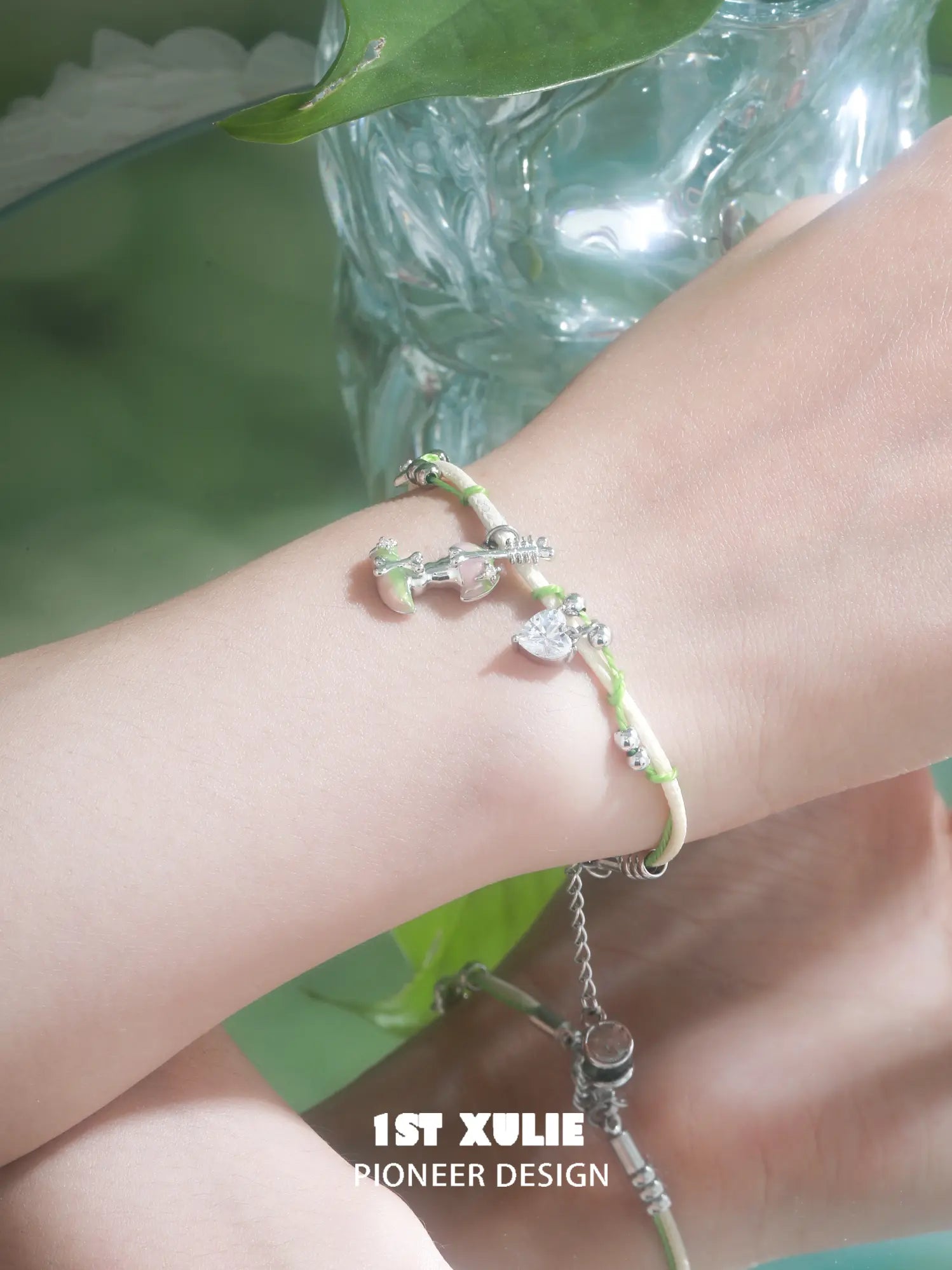 1ST XULIE Jewelry "Cuties' Appleland" Enamel Green Apple Bracelet - Detail Shot