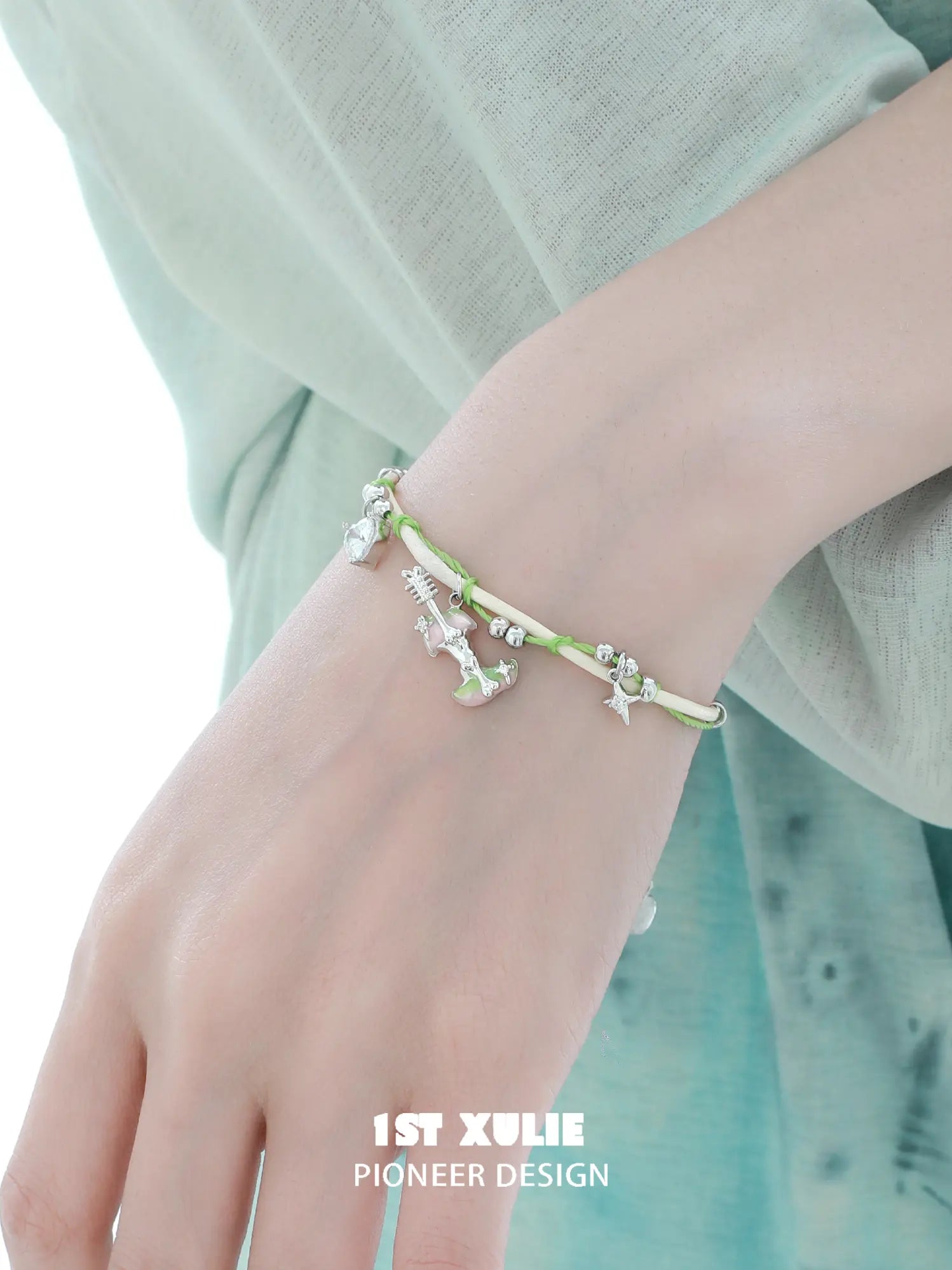1ST XULIE Jewelry "Cuties' Appleland" Enamel Green Apple Bracelet - On Model
