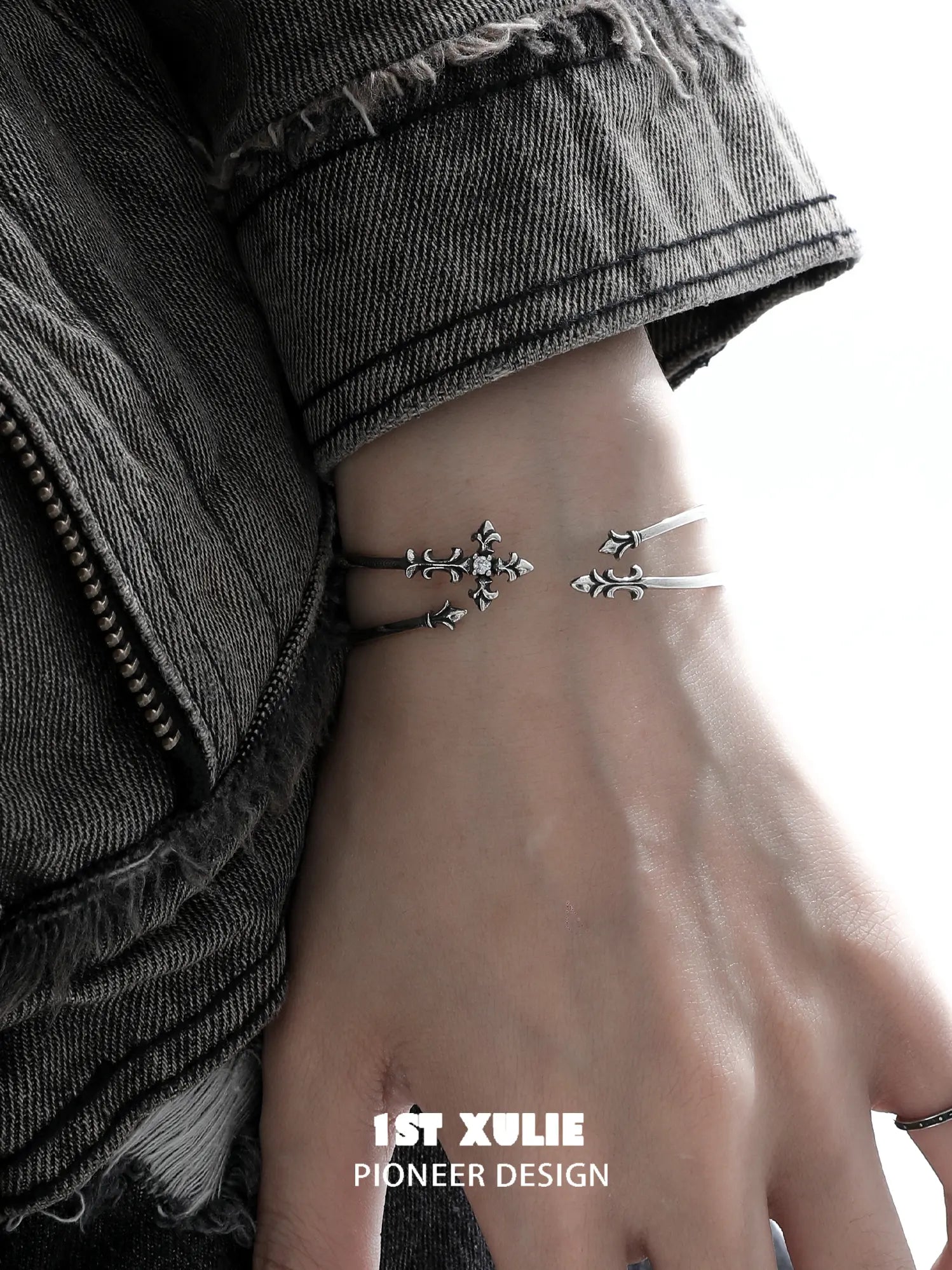 1ST XULIE Jewelry "Irises" Enamel Iris Cross Bangle in Platinum - On Model