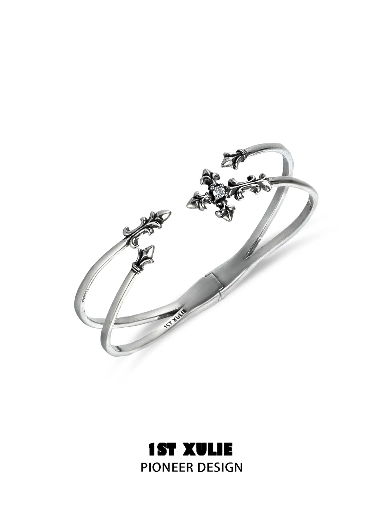 1ST XULIE Jewelry "Irises" Enamel Iris Cross Bangle in Platinum - Texture View