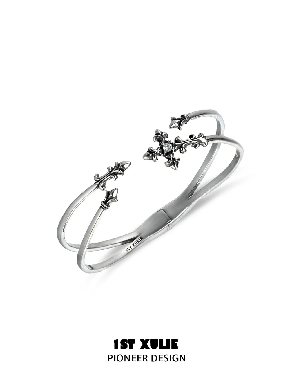 1ST XULIE Jewelry "Irises" Enamel Iris Cross Bangle in Platinum - Texture View