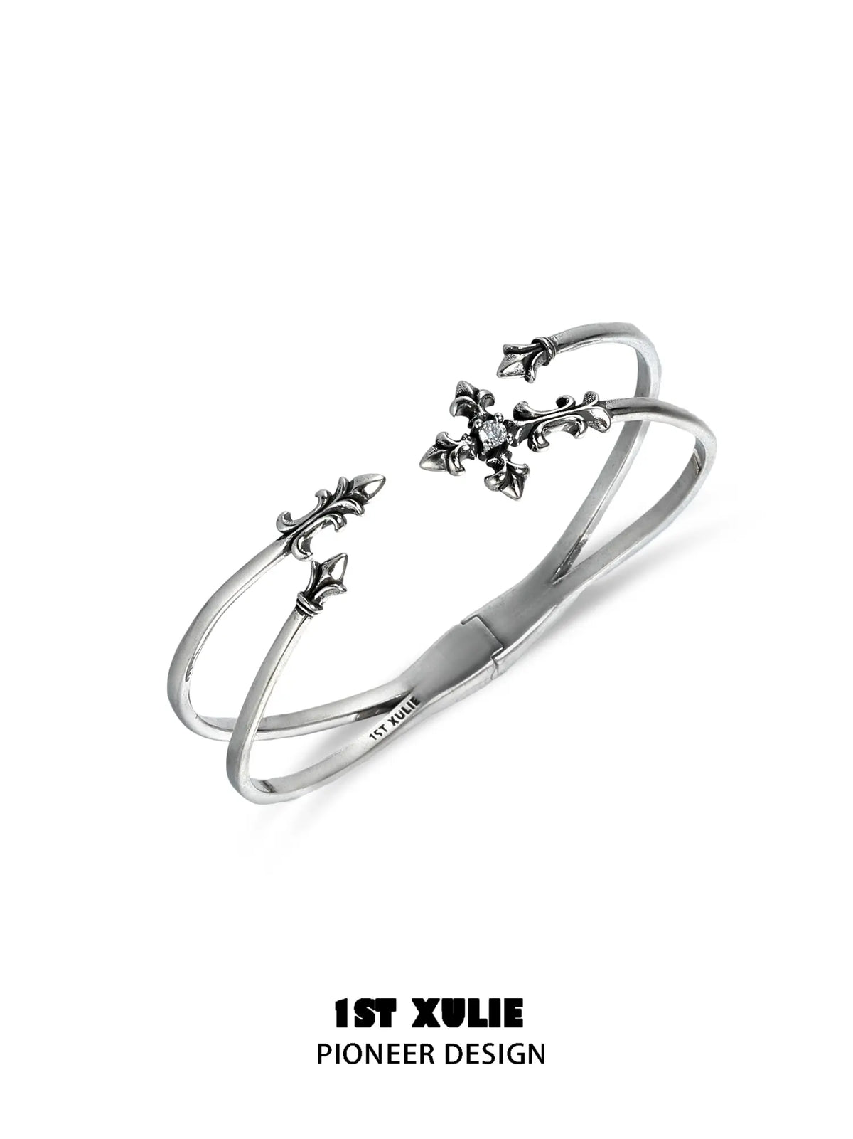 1ST XULIE Jewelry "Irises" Enamel Iris Cross Bangle in Platinum - Texture View