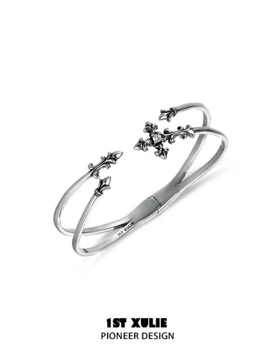 1ST XULIE Jewelry "Irises" Enamel Iris Cross Bangle in Platinum - Texture View