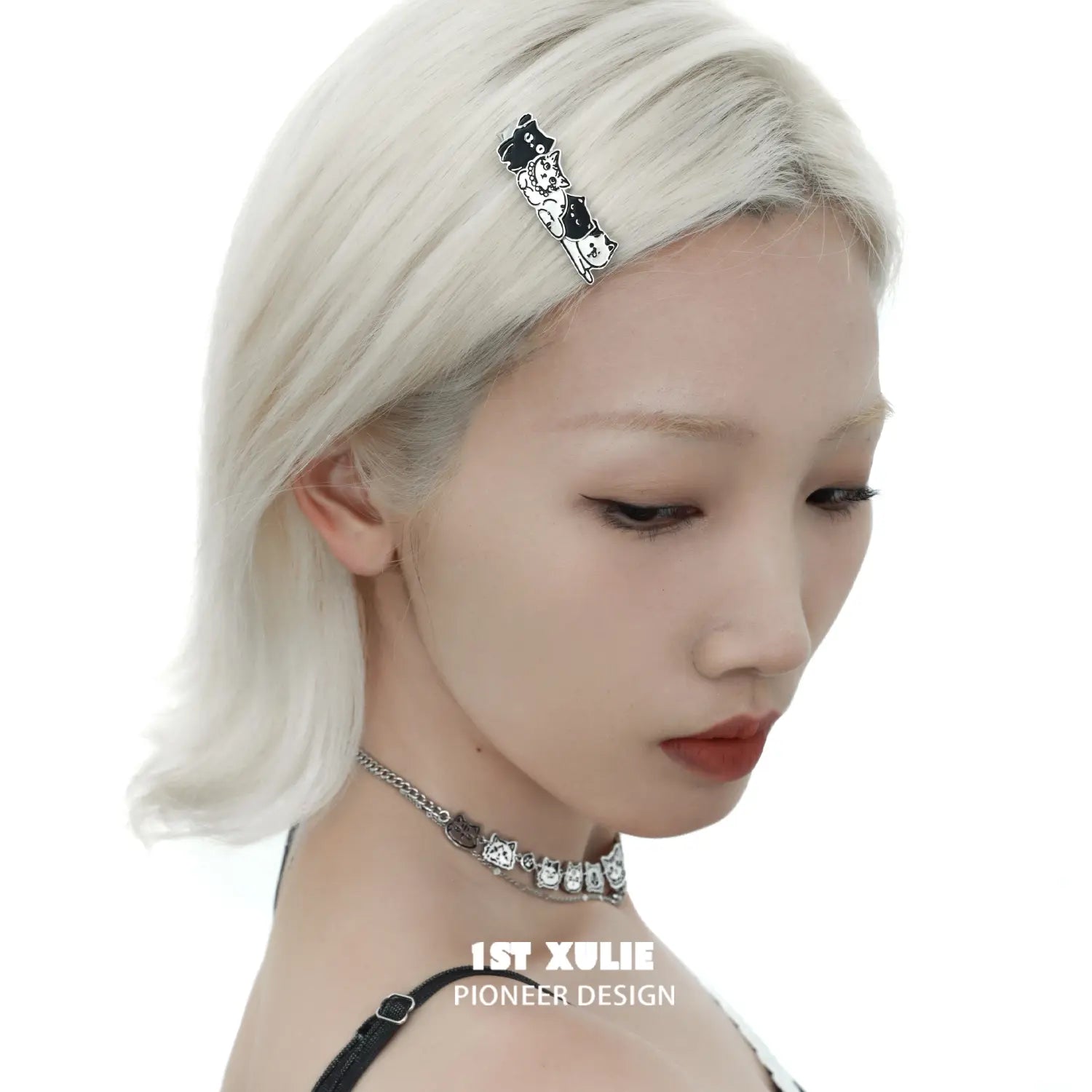 1ST XULIE "Graffiti Kitten" Enamel Kitten Hair Barrettes in Platinum Plated Brass - Side View