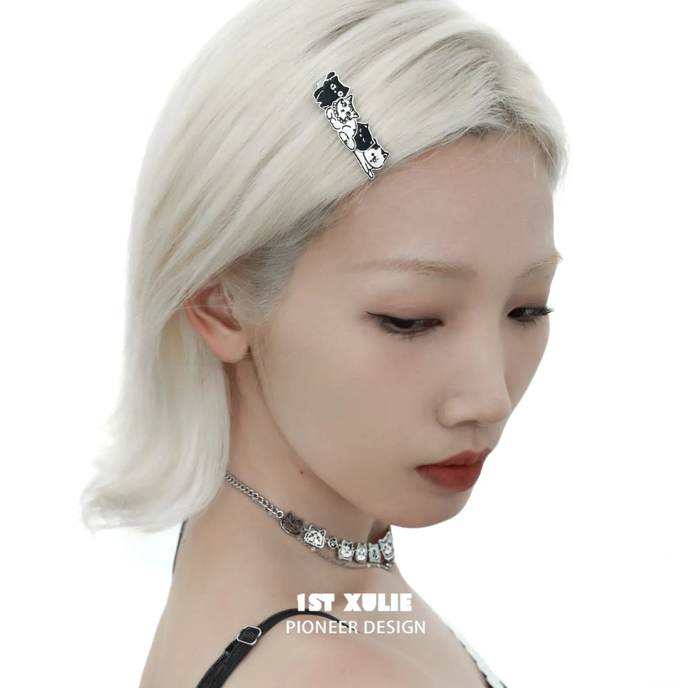 1ST XULIE "Graffiti Kitten" Enamel Kitten Hair Barrettes in Platinum Plated Brass - Side View