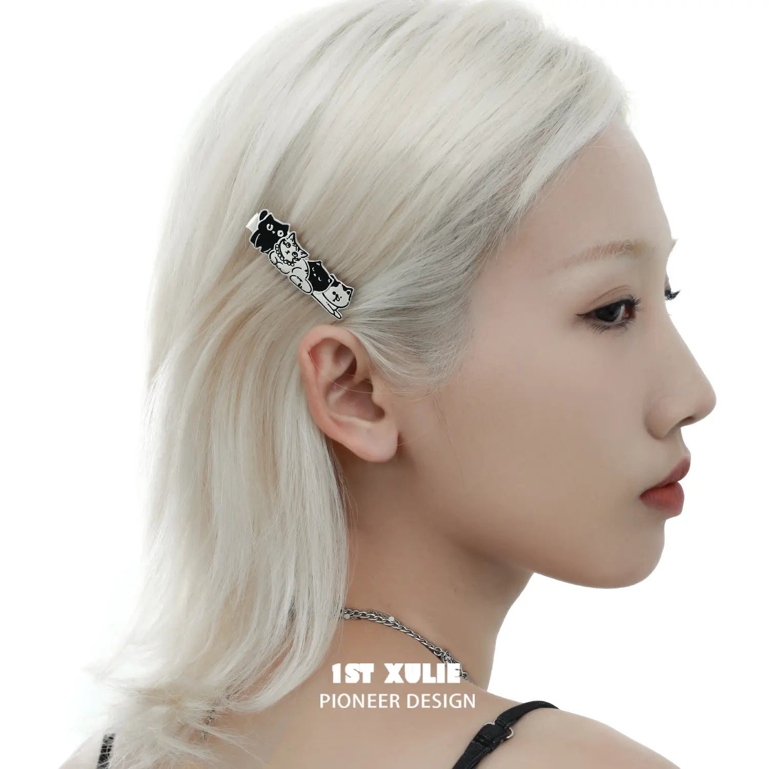 1ST XULIE "Graffiti Kitten" Enamel Kitten Hair Barrettes in Platinum Plated Brass - Lifestyle Shot
