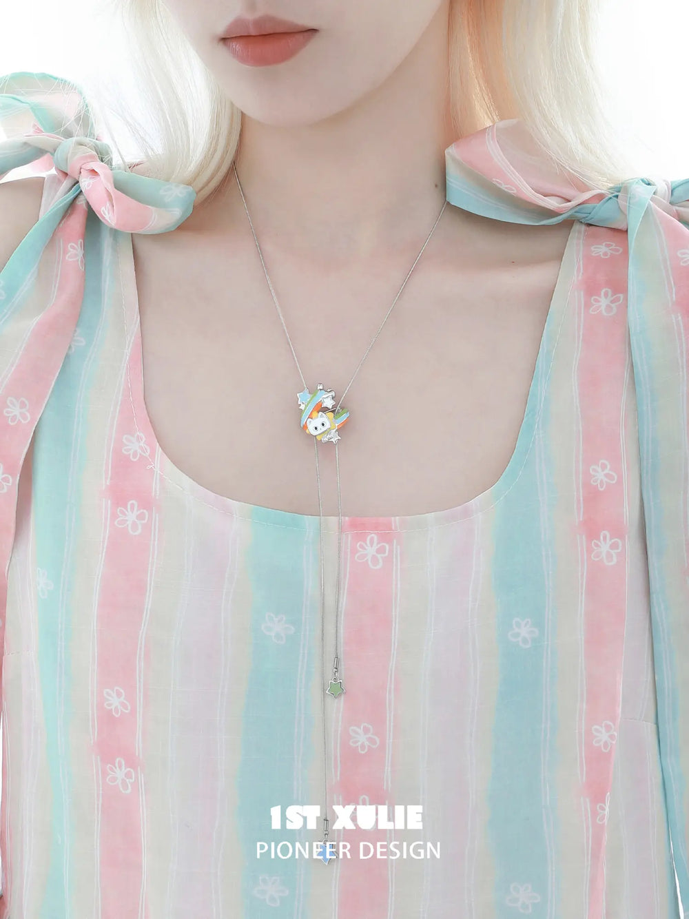 1ST XULIE Jewelry "RAINBOW CAT" Enamel Rainbow Kitten Statement Pendant Necklace in Brass - Angle View 1