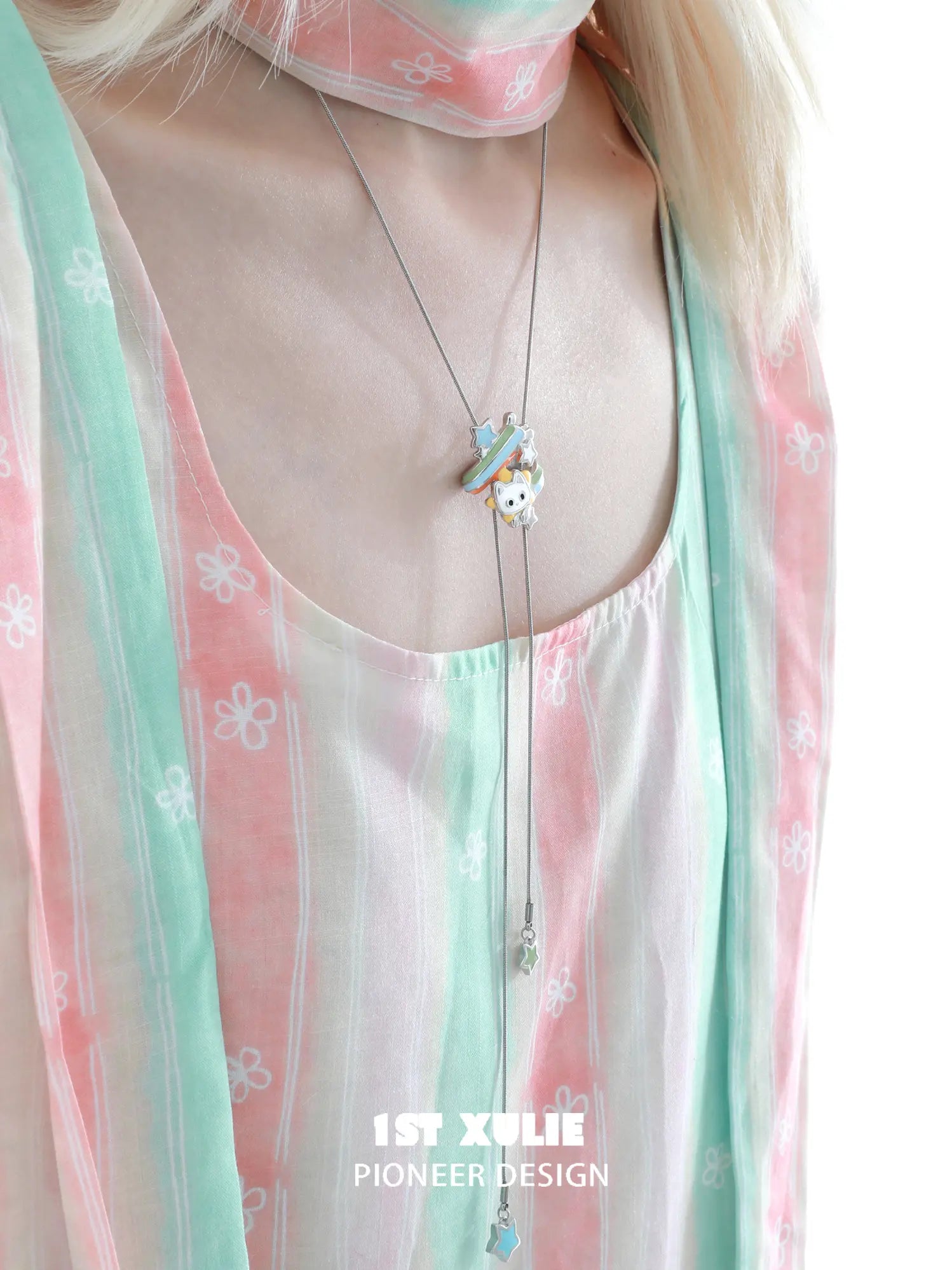 1ST XULIE Jewelry "RAINBOW CAT" Enamel Rainbow Kitten Statement Pendant Necklace in Brass - Detail Shot