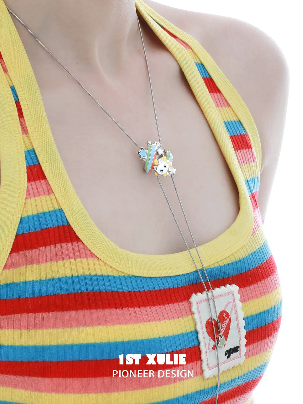 1ST XULIE Jewelry "RAINBOW CAT" Enamel Rainbow Kitten Statement Pendant Necklace in Brass - On Model