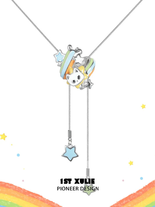 1ST XULIE Jewelry "RAINBOW CAT" Enamel Rainbow Kitten Statement Pendant Necklace in Brass - Size Comparison