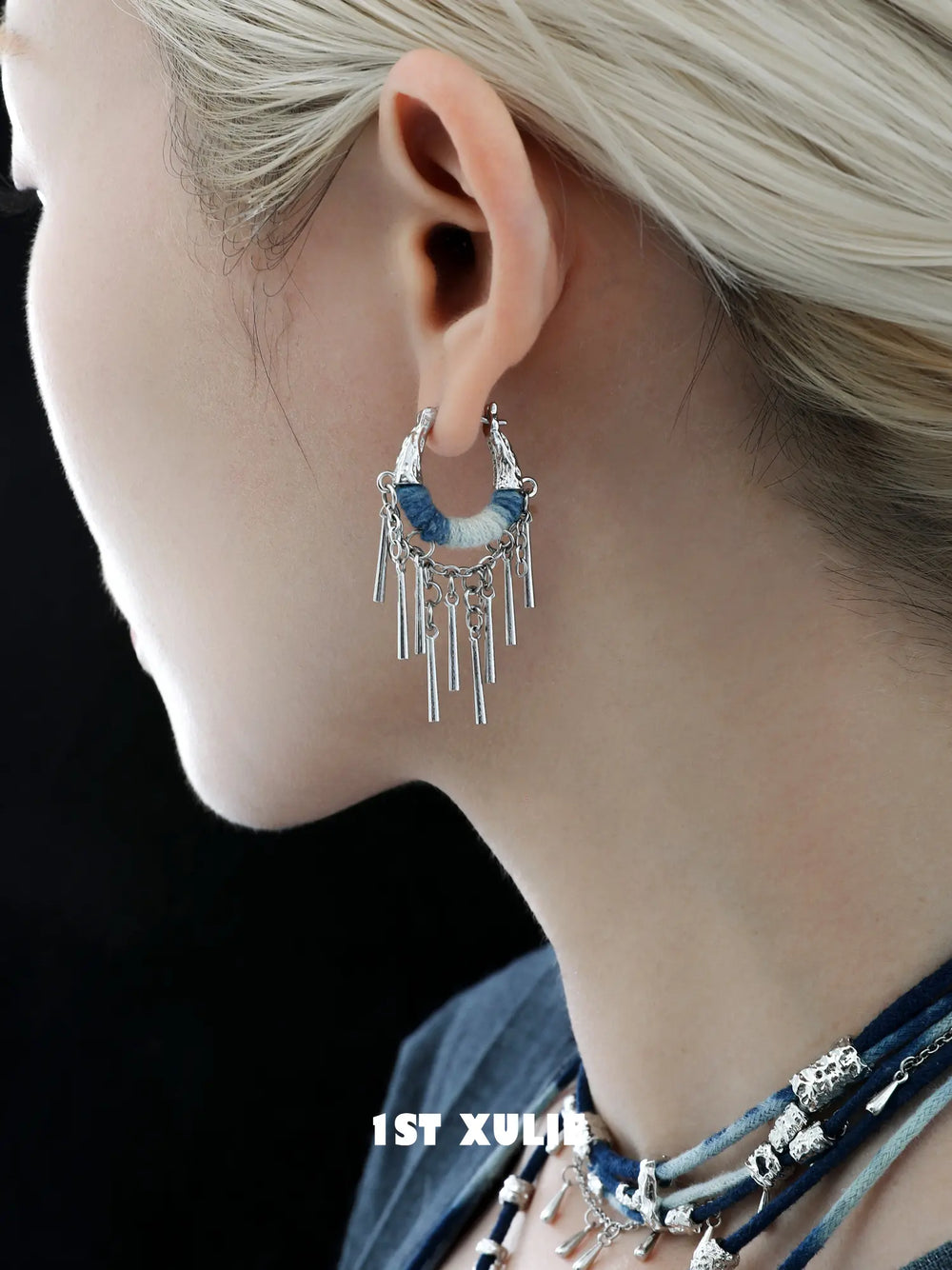 1ST XULIE Jewelry "MIAO" Ethnic Tassel Dangle Earrings in Platinum Plated - Side View