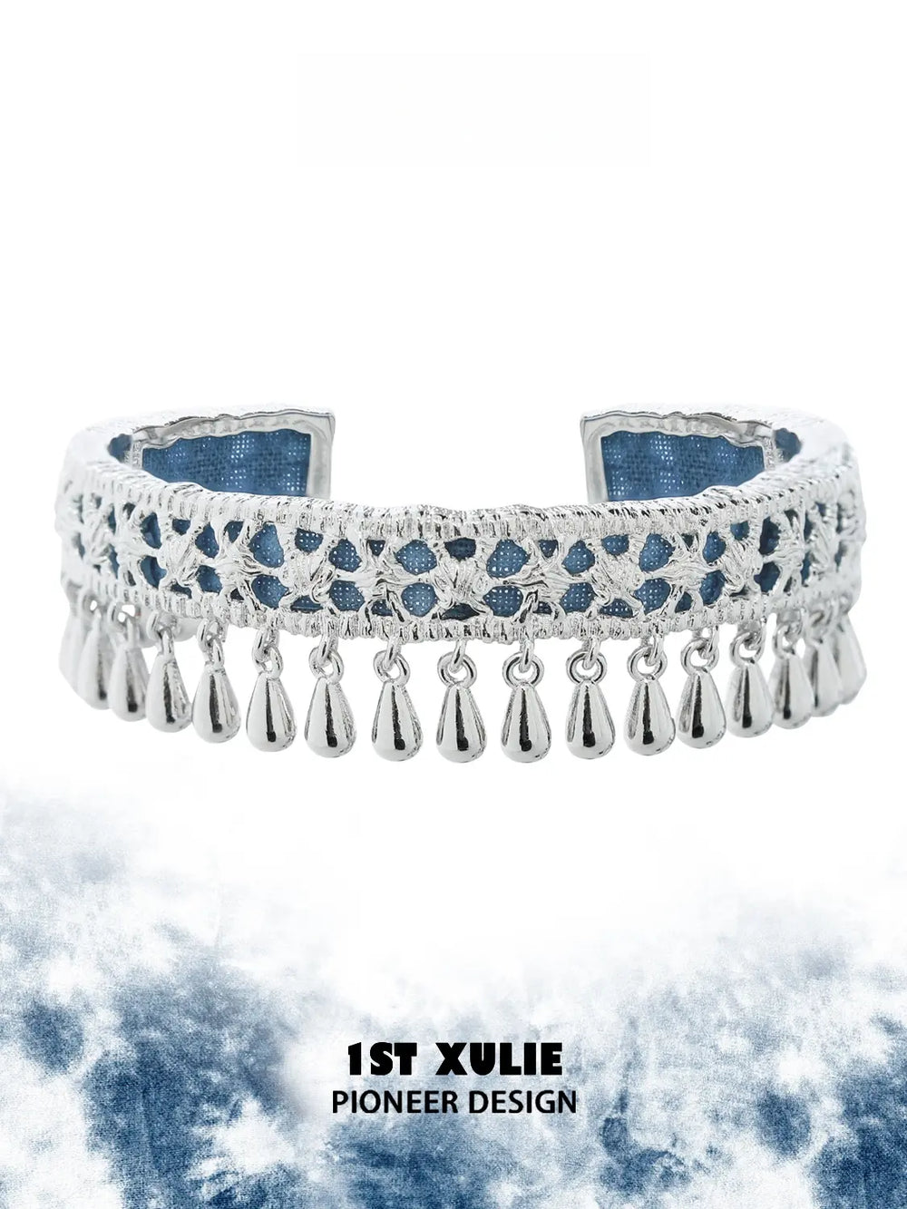 1ST XULIE Jewelry "MIAO" Ethnic Tie-Dye Tassel Bangle in Platinum Plated - Detail Shot
