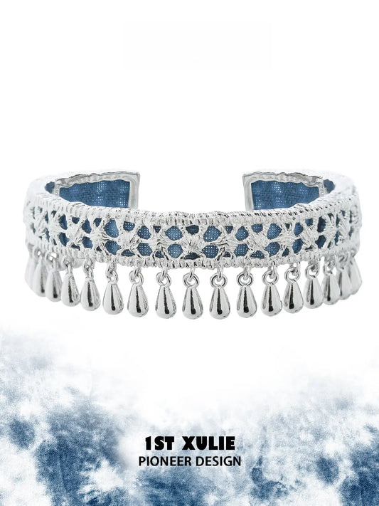 1ST XULIE Jewelry "MIAO" Ethnic Tie-Dye Tassel Bangle in Platinum Plated - Detail Shot