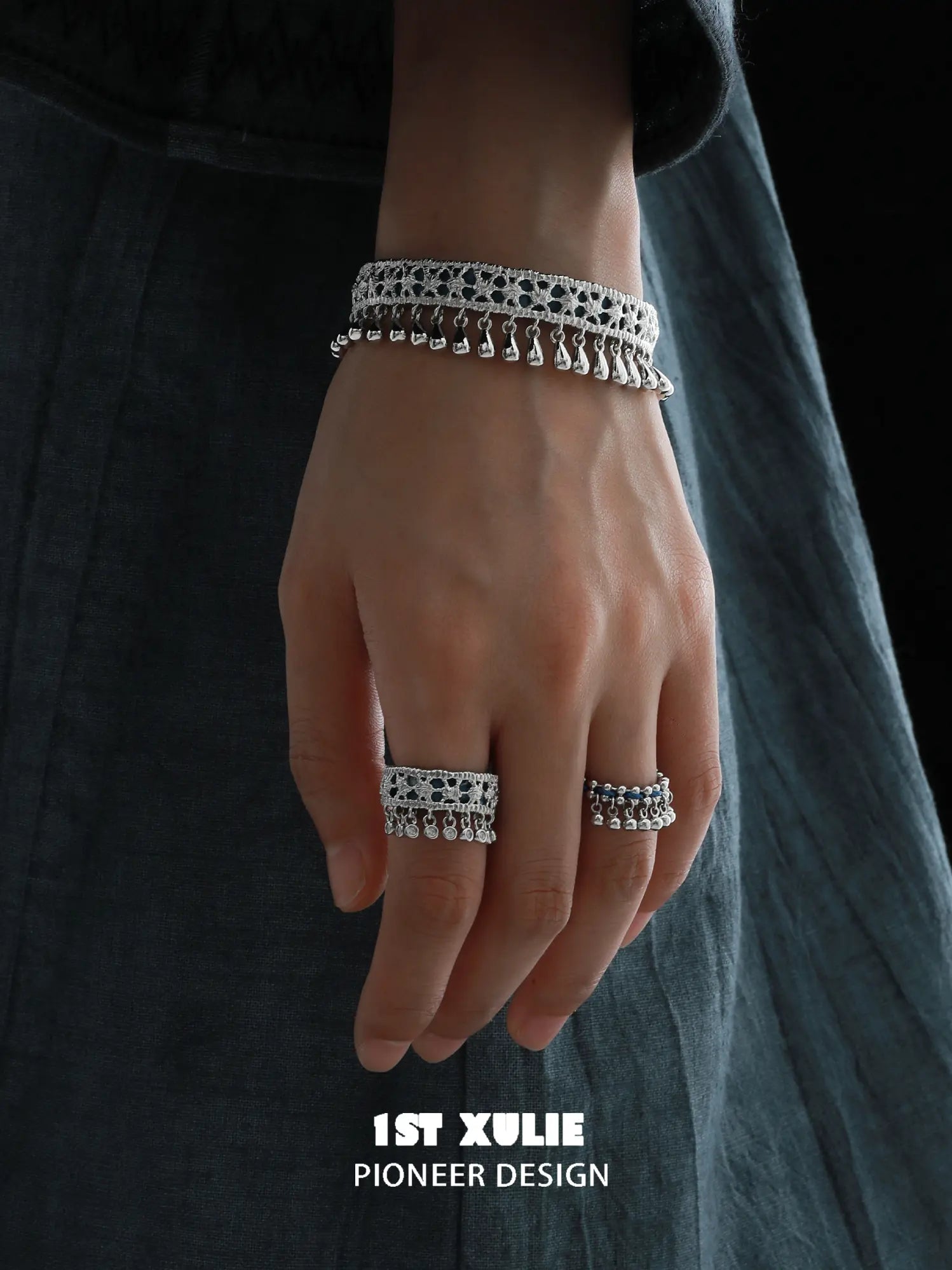 1ST XULIE Jewelry "MIAO" Ethnic Tie-Dye Tassel Bangle in Platinum Plated - Lifestyle Shot