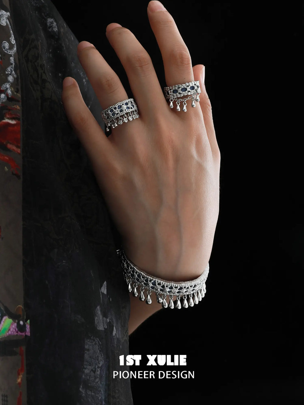 1ST XULIE Jewelry "MIAO" Ethnic Tie-Dye Tassel Bangle in Platinum Plated - Detail Shot