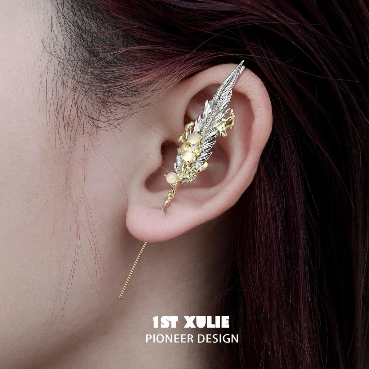 1ST XULIE "Lucifer White" Statement Feather Threader Needle Piercing Earrings in 18K Gold Plated Brass - Angle View