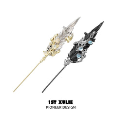 1ST XULIE "Lucifer White" Statement Feather Threader Needle Piercing Earrings in 18K Gold Plated Brass - Detail Shot