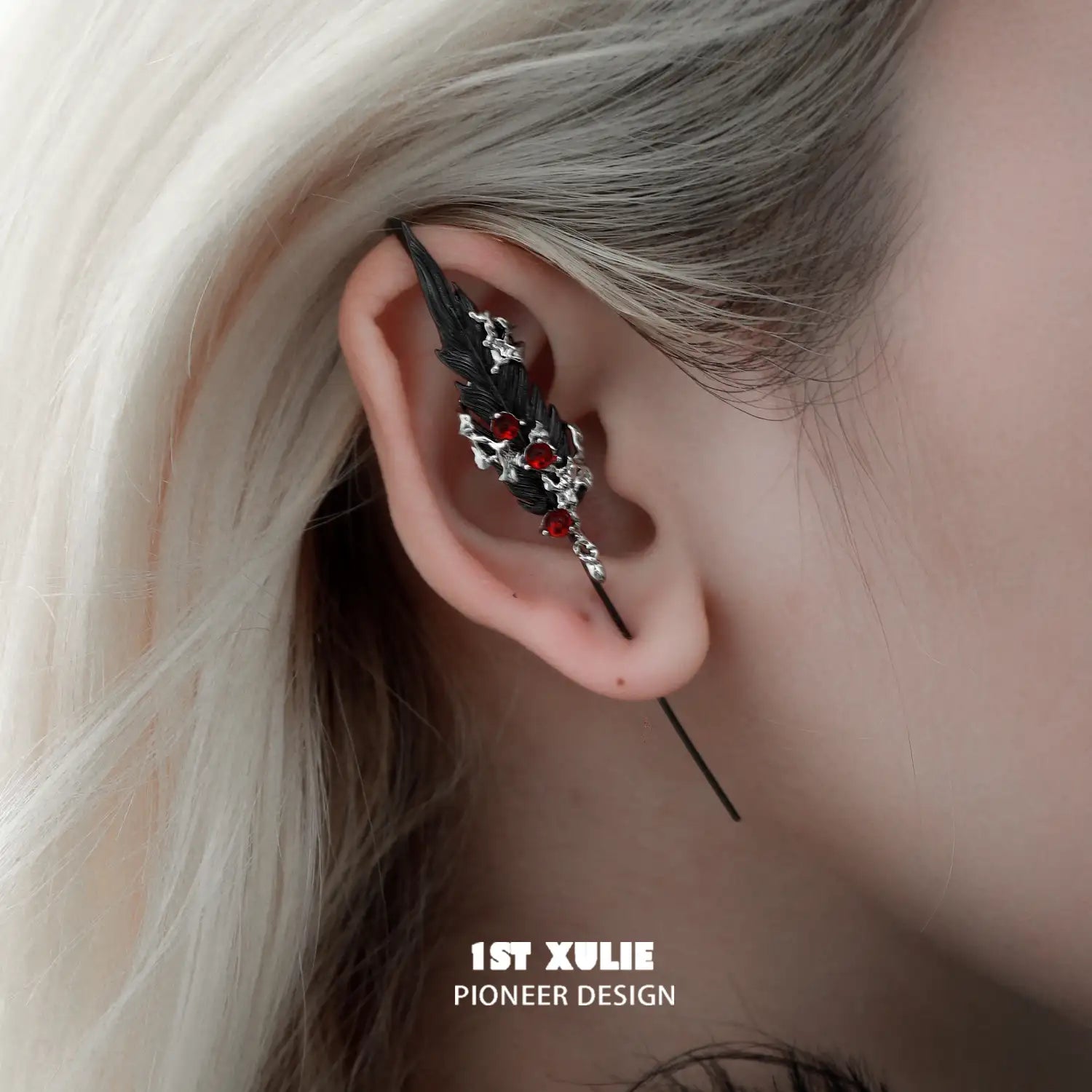 1ST XULIE "Lucifer White" Statement Feather Threader Needle Piercing Earrings in 18K Gold Plated Brass - Product View