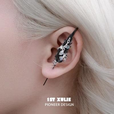 1ST XULIE "Lucifer White" Statement Feather Threader Needle Piercing Earrings in 18K Gold Plated Brass - Side View