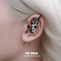 1ST XULIE "Lucifer White" Statement Feather Threader Needle Piercing Earrings in 18K Gold Plated Brass - Side View