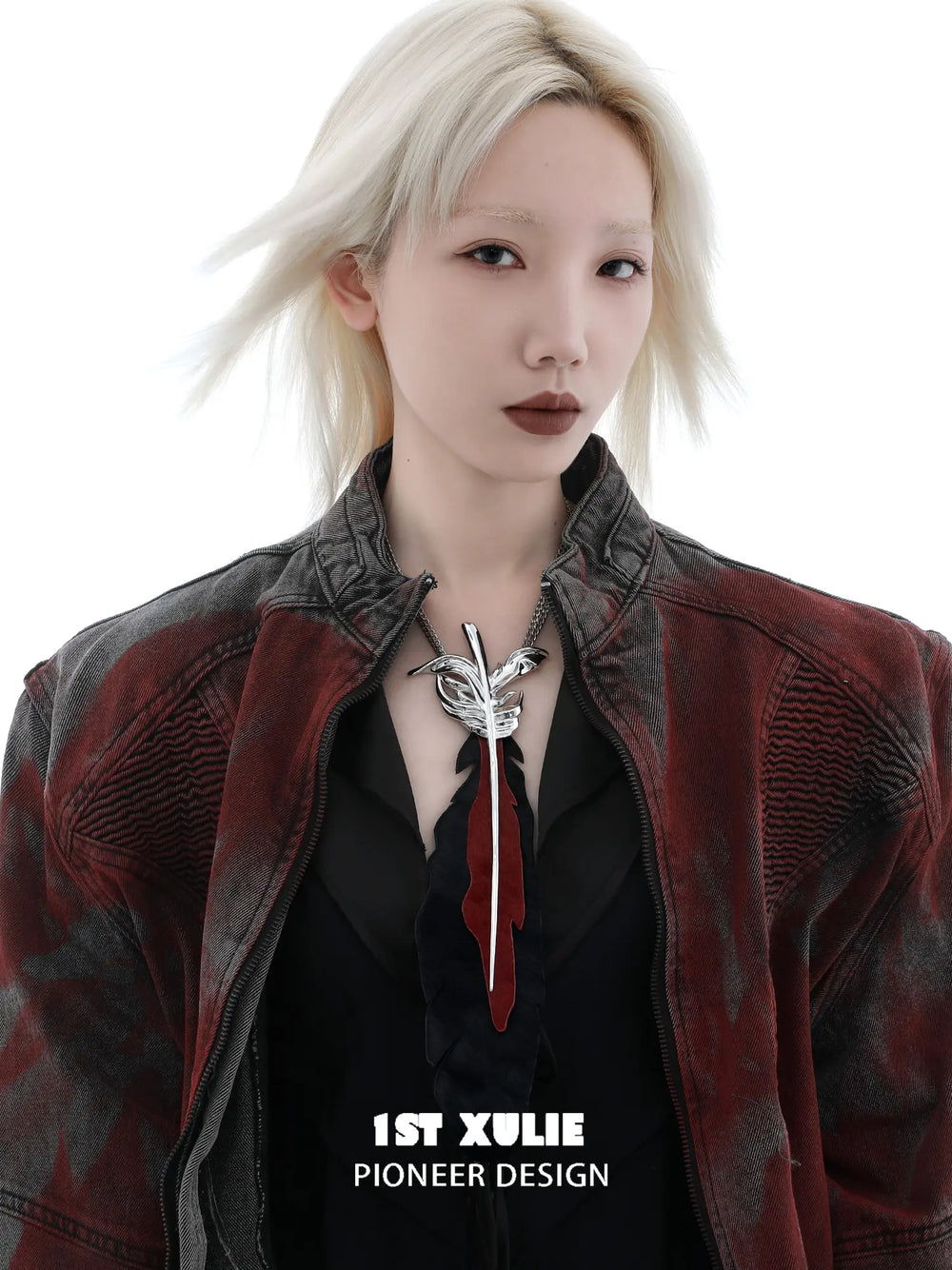 1ST XULIE Jewelry "Soaring Cranes" Feather Tie with Zirconia in Platinum Plated Brass - Angle 1