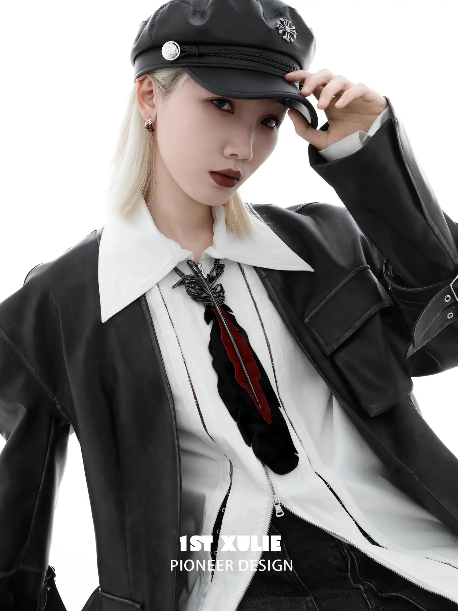 1ST XULIE Jewelry "Soaring Cranes" Feather Tie with Zirconia in Platinum Plated Brass - Detail Shot