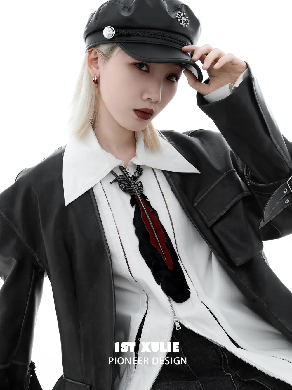 1ST XULIE Jewelry "Soaring Cranes" Feather Tie with Zirconia in Platinum Plated Brass - Detail Shot