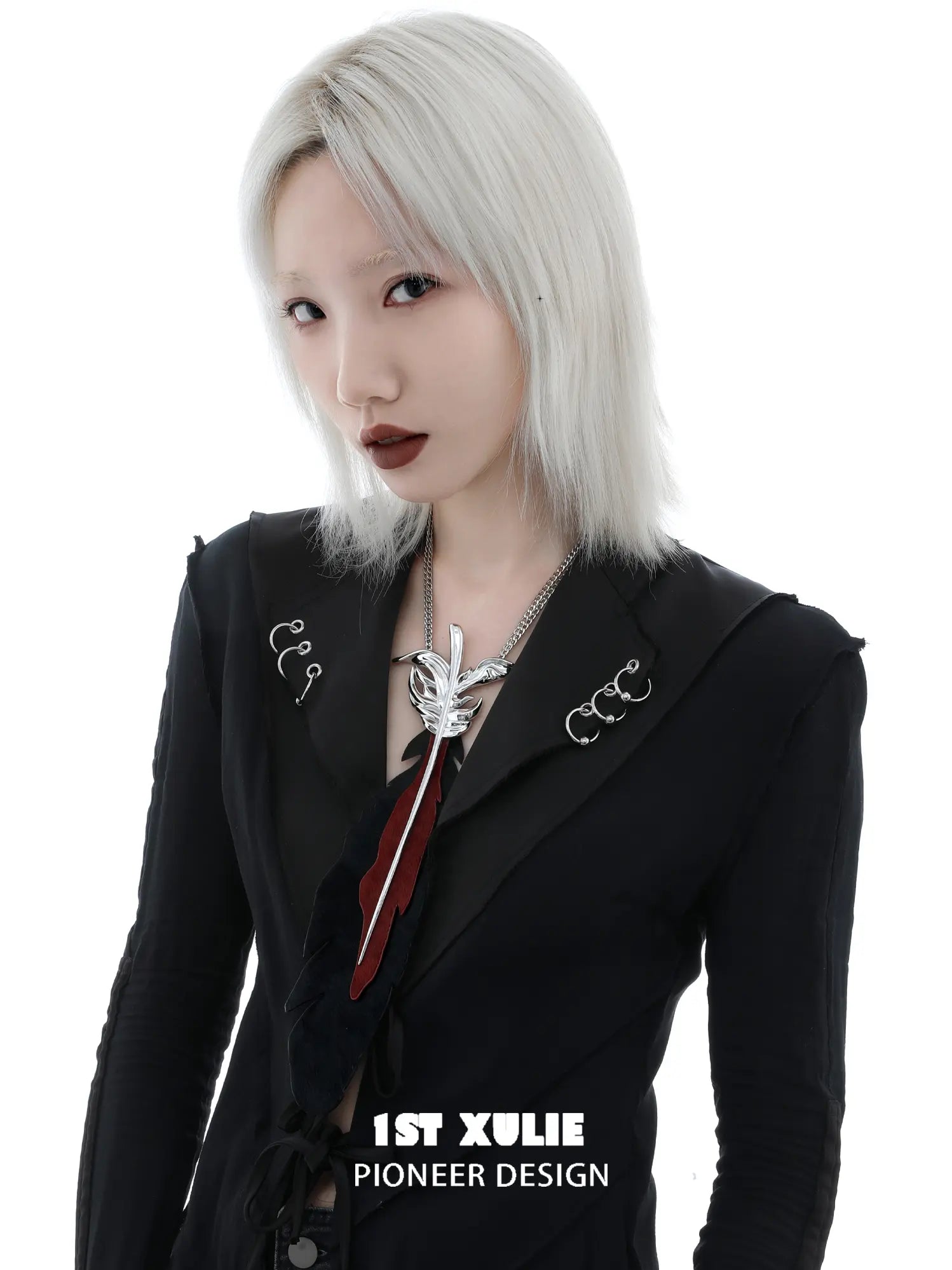 1ST XULIE Jewelry "Soaring Cranes" Feather Tie with Zirconia in Platinum Plated Brass - Product View