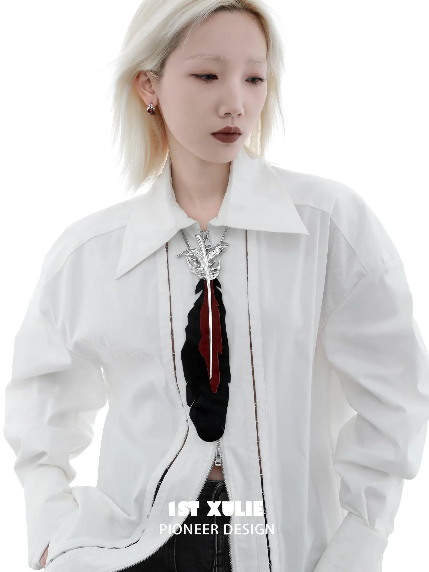 1ST XULIE Jewelry "Soaring Cranes" Feather Tie with Zirconia in Platinum Plated Brass - Packaging View