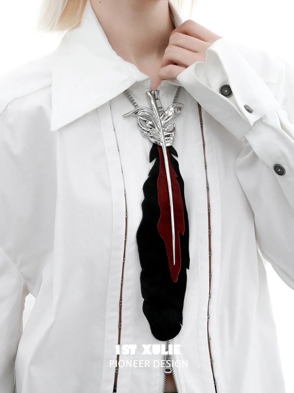 "Soaring Cranes" Platinum Plated Feather Tie with Zirconia