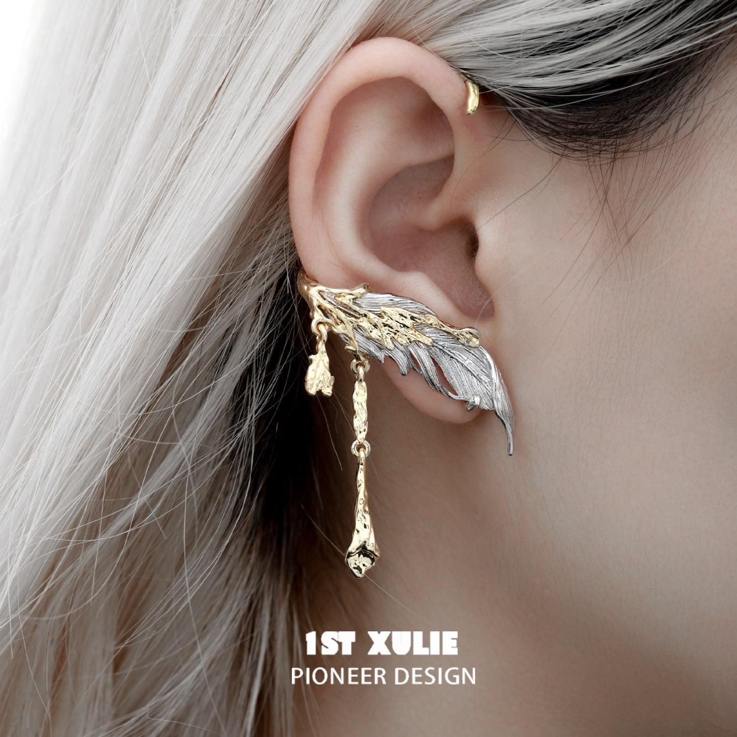 1ST XULIE "Lucifer" Statement Feather Wing No-Piercing Ear Wraps in Black Platinum - Product View