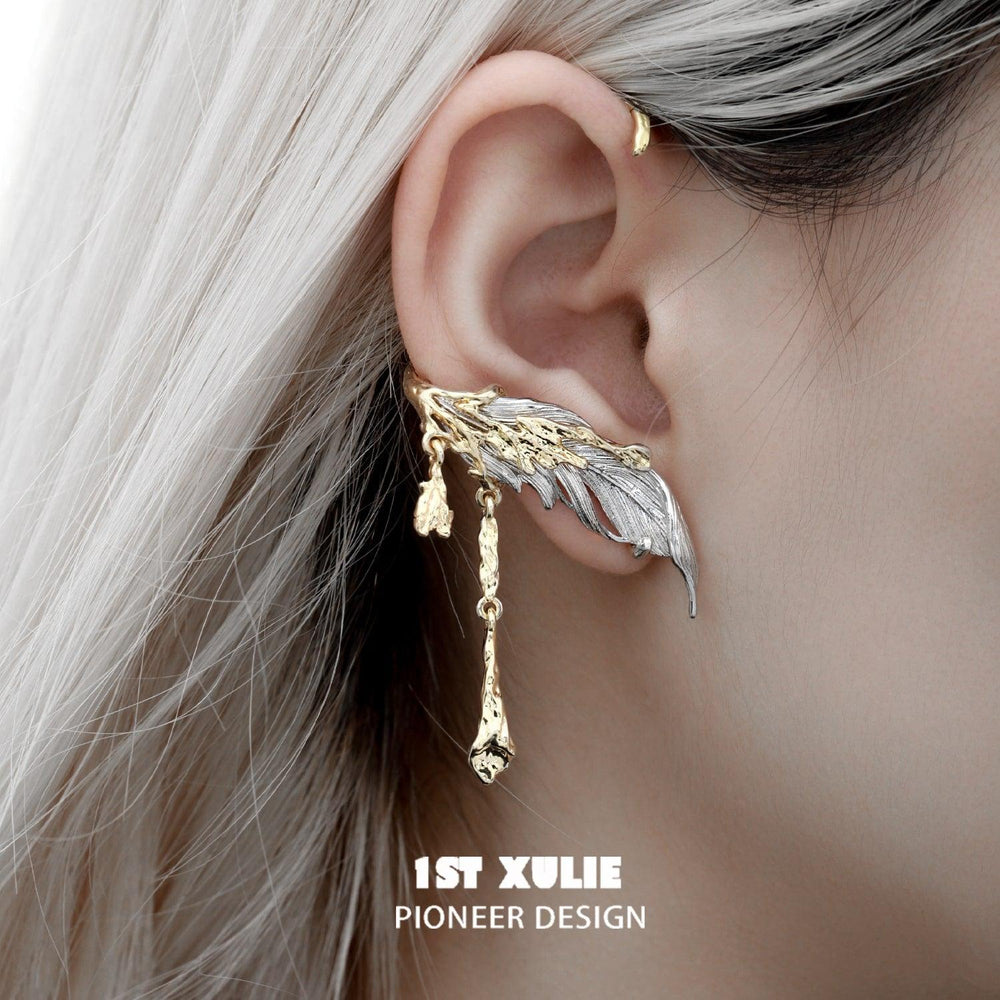 1ST XULIE "Lucifer" Statement Feather Wing No-Piercing Ear Wraps in Black Platinum - Product View