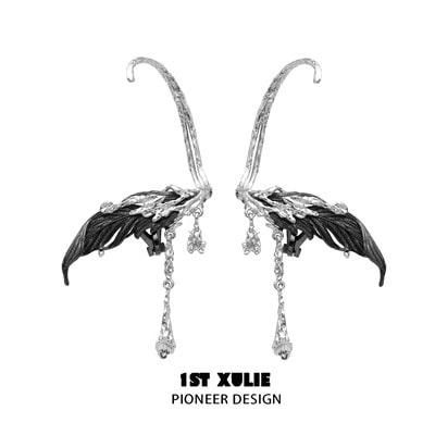 1ST XULIE "Lucifer" Statement Feather Wing No-Piercing Ear Wraps in Black Platinum - On Model Close-Up