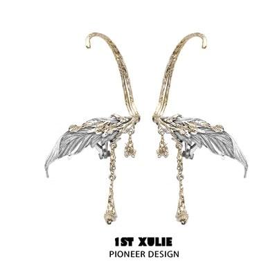 1ST XULIE "Lucifer" Statement Feather Wing No-Piercing Ear Wraps in 18K Gold - On Model Close-Up