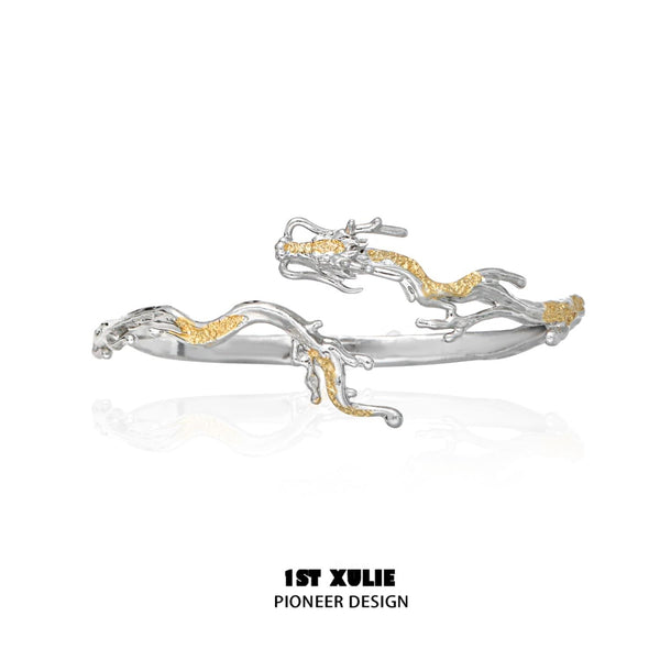 "Loong" Platinum Plated Flowing Dragon Cuff Bracelet, Statement Bangle