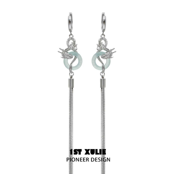 "Loong" Platinum Plated Flowing Dragon Jade Tassel Earrings, Chinese Dragon Jewelry