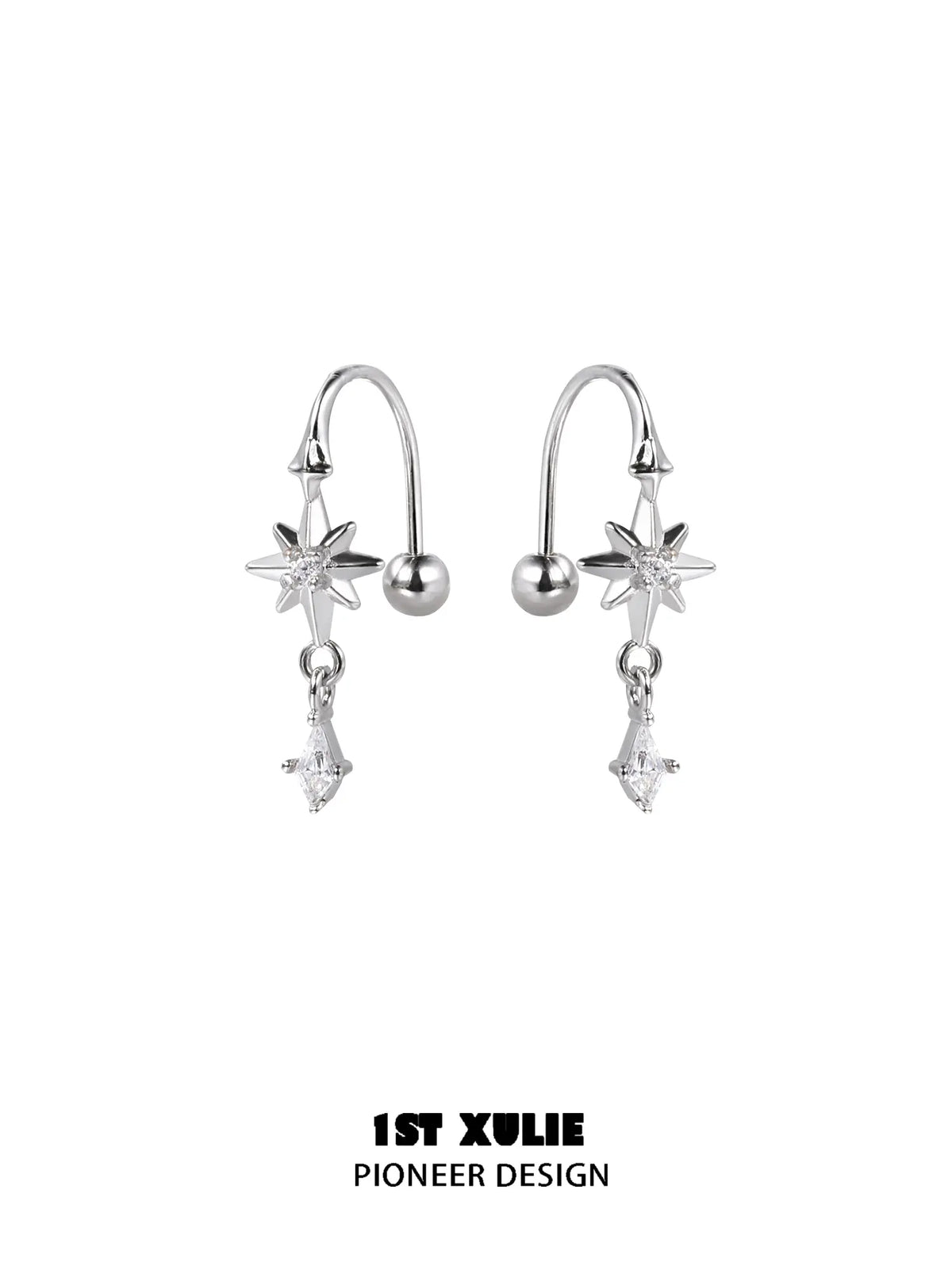 1ST XULIE Jewelry "Star Trails" Four-Pointed Star Hook Earrings in 925 Sterling Silver - Lifestyle Shot