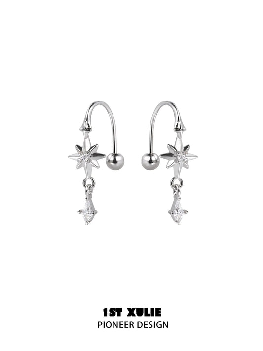 1ST XULIE Jewelry "Star Trails" Four-Pointed Star Hook Earrings in 925 Sterling Silver - Lifestyle Shot