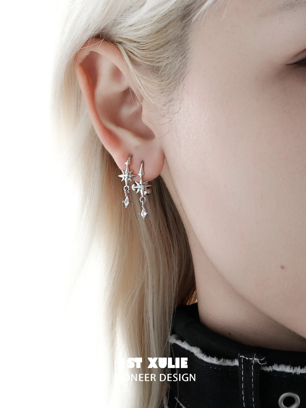 1ST XULIE Jewelry "Star Trails" Four-Pointed Star Hook Earrings in 925 Sterling Silver - Side View
